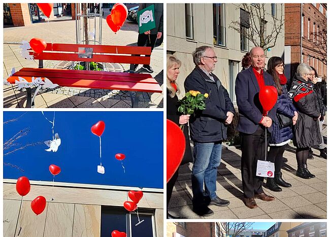 Gemeinsam gegen Gewalt / die „Rote-Bank-Aktion“ der Stadt Wolmirstedt und der Arbeitsgruppe Gewaltprävention wird von der Bevölkerung angenommen. Auf dem Fotos sind steigende Luftballons in Form von Herzen und die rote Bank zu sehen. 